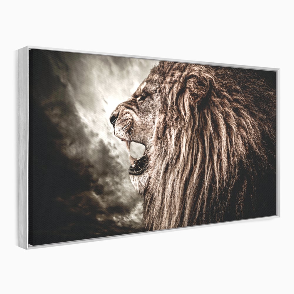 Tablou canvas cu tablou canvas cu leu racnind, in rama de aluminiu argintiu